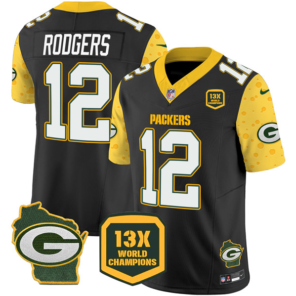 Men's Green Bay Packers #12 Aaron Rodgers Cheese Black 2024 F.U.S.E. 13 Time World Champions And Home Patch Vapor Untouchable Limited Stitched Football Jersey